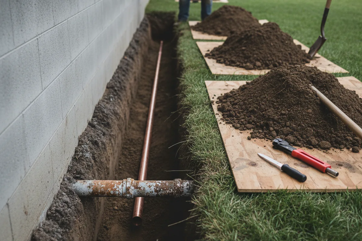 Excavated water line trench during Sewer Line Repair in Hitchins